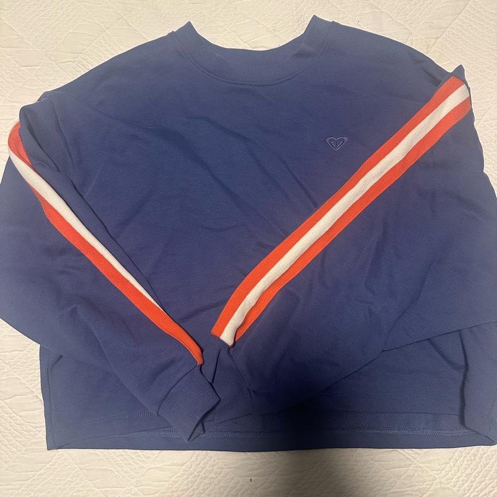 Roxy Navy Crewneck Sweater with Red & White Sleeve Stripes